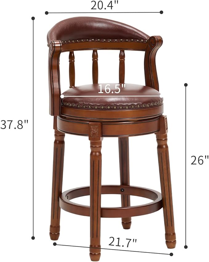 Cow top Leather Wooden Bar Stools, 29.5" Height Bar Chair with Back, 180 Degrees Swivel Bar Stools Chair for Home Kitchen Counter,Restaurant (Brown-2pcs, Counter Seat Height 26in)