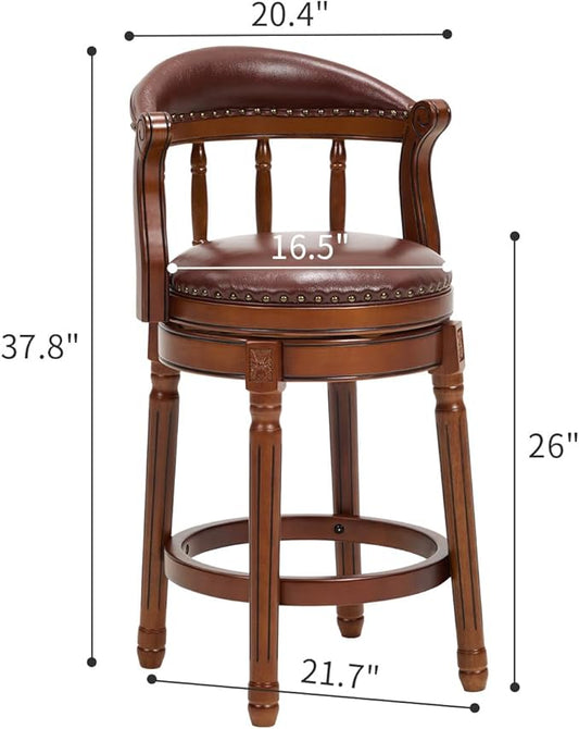 Cow top Leather Wooden Bar Stools, 26" Seat Height Bar Chair with Back, 180 Degrees Swivel Bar Stools Chair for Home Kitchen Counter,Restaurant,1pc (Brown-1pc, Counter Seat Height 26in)