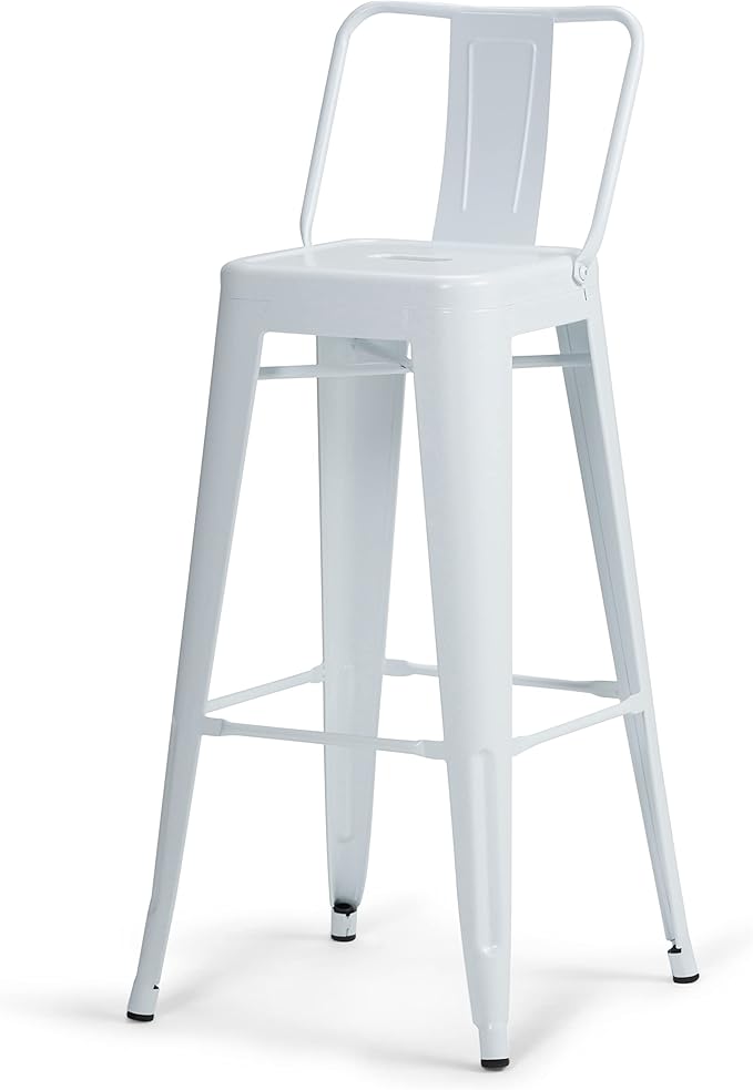 SIMPLIHOME Rayne Bar Stools (Set of 2) - 30 inch Seat Height Industrial Metal Chairs in White, Contemporary Seating for Kitchen or Bar with Curved Back, Under-Seat Cross Brace, and Footrest