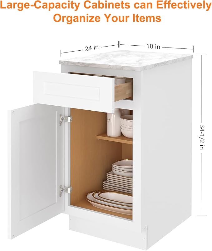 LOVMOR Kitchen Base Cabinets, Sideboard Storage Cabinet, Entryway Cabinet with 1-Drawer & Adjustable Shelf, 18" W X 24" D X 34-1/2"H