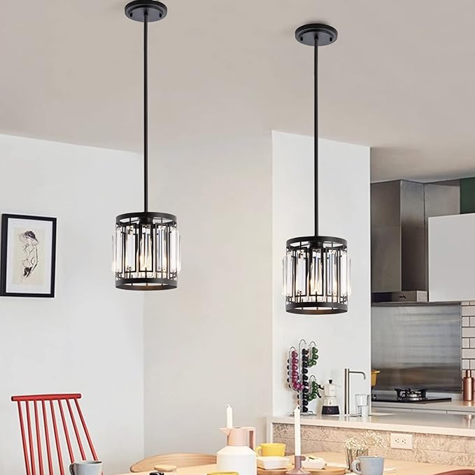 Modern One- Light 1XE26 Pendant Light Ceiling Hanging Light Fixture with K9 Crystals for Kitchen Restaurant Cafe Dining Room Island Light Black