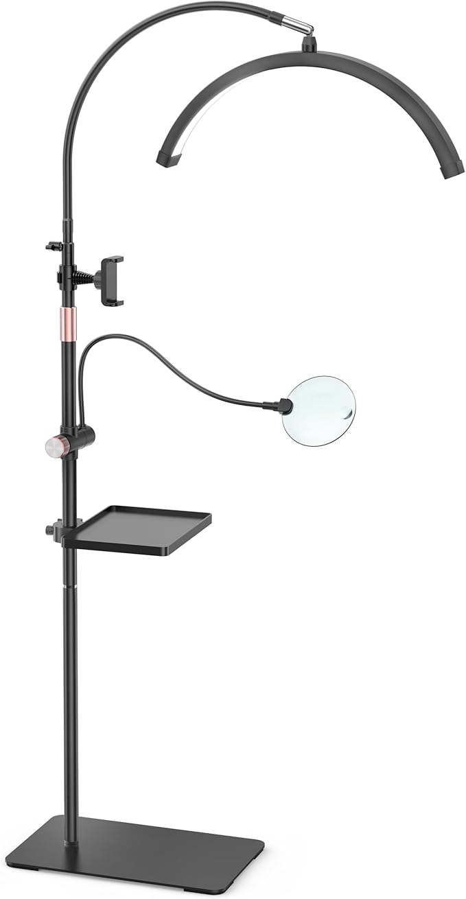 Lash Light for Eyelash Extension, Half Moon Light with Tool Tray, 2X Magnifier, Phone Holder for Nail Art, Tattoo Art, Skin Care, Floor Esthetician Lamp with Color and Brightness Adjustment