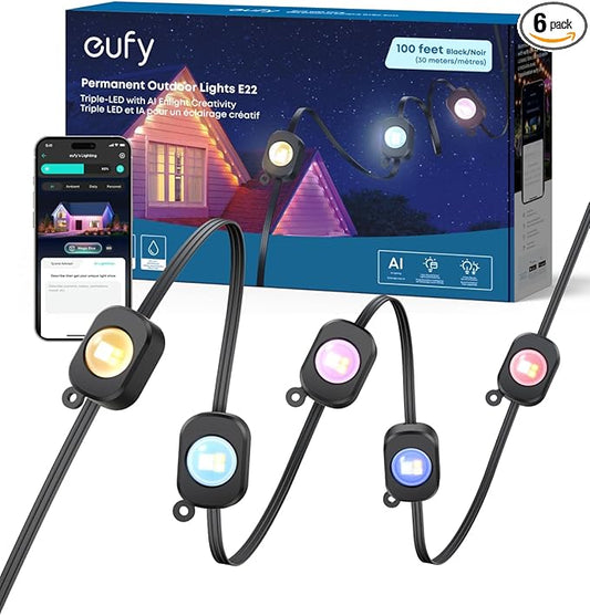 eufy Permanent Outdoor Lights E22, 100ft with 60 Triple-LED Lights, Smart RGBWW, Daily and Holiday, Up to IP67 Waterproof, AI Lighting Themes for Halloween, Christmas, Links with Cameras, Black