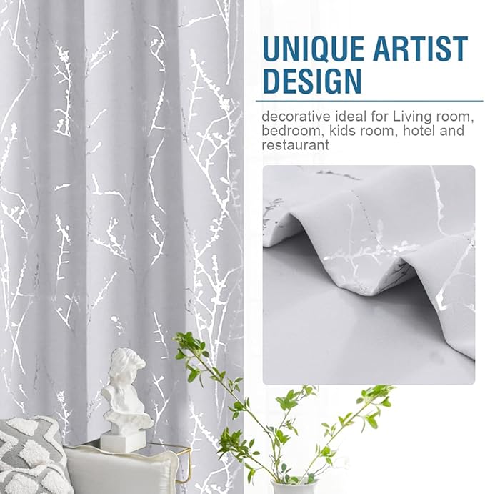 H.VERSAILTEX Blackout Curtains for Bedroom Foil Print Twig Tree Branch Thermal Insulated Grommet Curtains Light Blocking Thick Soft Window Curtains for Living 52 x 96 Inch, 2 Panels, Greyish White
