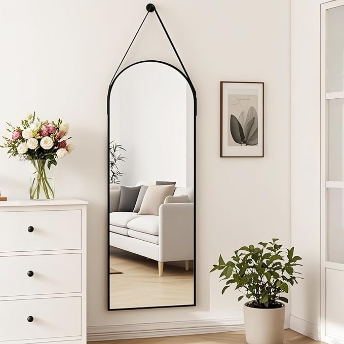 16"x48" Hanging Mirror with Leather Strap,Arched Full Length Mirror with Aluminum Frame Wall-Mounted Hanging Mirrors for Bathroom Vanity Living Room Bedroom Entryway Décor, Black