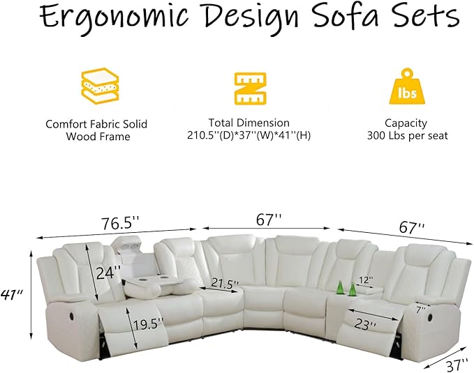 Power Recliner Sectional Sofa with LED Lighting, Breathing Leather Corner Couch with USB Port,Storage Console, Cup Holders, Reading Light – Home Theater & Living Room Seating (Cream White)