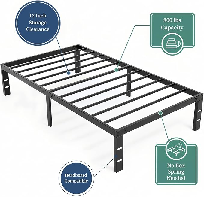 Twin Size Bed Frame, 14 Inch Metal Platform Bed Frames with Heavy Duty Steel Slat Support, No Box Spring Needed, Easy Assembly, Under Bed Storage