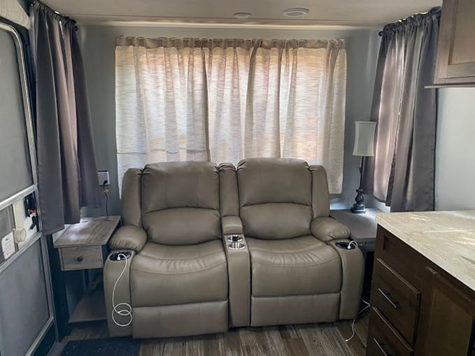 RecPro Charles 64" Powered Recliner RV Sofa with Console and Cupholders | Zero Wall Loveseat for Camper | Wall Hugger Couch with Upgraded 2023 Fabric (Putty)