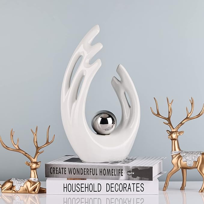 12"H White Silver Aesthetic Room Decor Accent, TV Stand Funky Table Centerpiece, Abstract Art Ceramic Statue and Sculpture, Silver Decor for Living Room, Bookshelf Decorative Objects, Shelf Decor