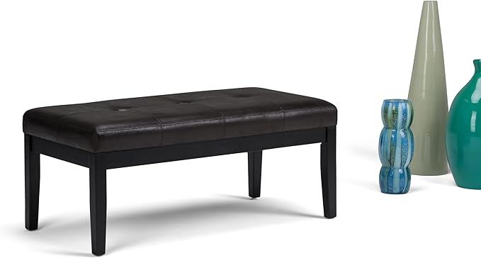 SIMPLIHOME Lacey Tufted Ottoman Bench - 41 inch Wide Upholstered Vegan Leather Rectangle Ottoman in Distressed Black, Contemporary Bench for Bedroom or Entryway with Stitching Detail, Assembled