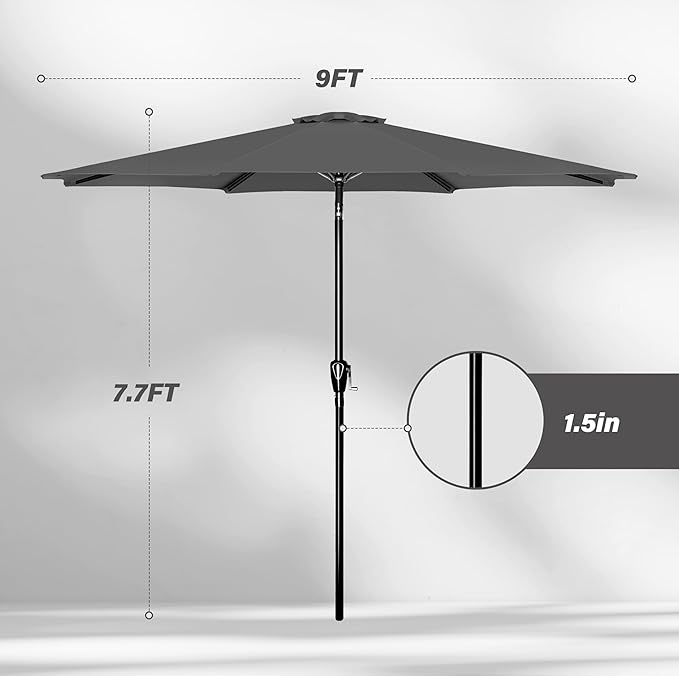 YSSOA 2 Pack 9' Patio Umbrella Outdoor Table Market Yard Umbrella with 8 Sturdy Ribs, Grey