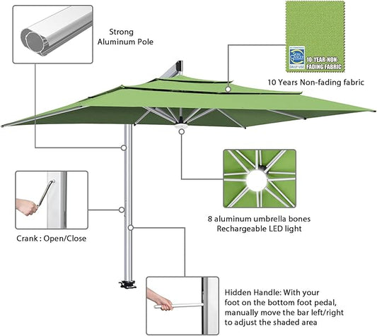EliteShade USA Atlas 3-Tier 10x13FT Full Aluminum Cantilever Patio Umbrella for Outdoor Restaurant Garden Courtyard Deck Pool and Marketing with Light (No battery), Macaw Green