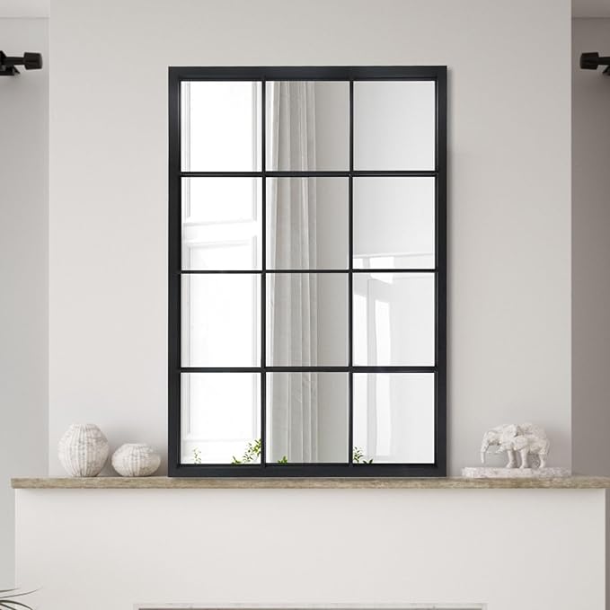 Balck Rectangle Mirror,Window Pane Grid Mirror,Minimalism Wall Mounted Mirror for Entryway,Hallway,Living Room,Fireplace 24"X36"
