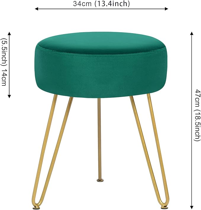 Velvet Soft Modern Vanity Footstool -Round Footrest Stool Ottoman Side Table Seat Dressing with Golden Metal Leg and Sponge Filling,Upholstered Foot Rest, for Living Room and Bedroom Teal