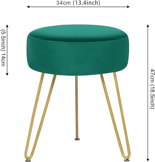 Velvet Soft Modern Vanity Footstool -Round Footrest Stool Ottoman Side Table Seat Dressing with Golden Metal Leg and Sponge Filling,Upholstered Foot Rest, for Living Room and Bedroom Teal