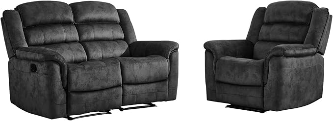 EBELLO 2 Pieces Reclining Loveseat Couch Furniture Set, Soft Fabric Manual Recliner Sofa Home Theater Seating, Manual Recliner and Wide 2PC Bonded Recliner Sofa Set for Living Room, Grey