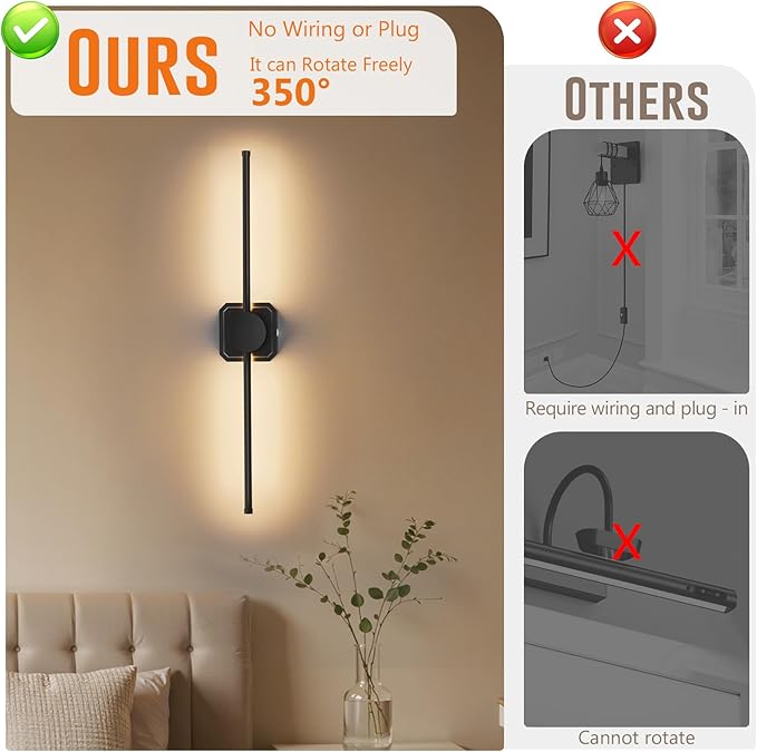 HEERTTOGO Battery Operated Wall Sconces Set of 2,10000Mah Living Room Wall Lights with Remote Control,360° Rotatable Dimmable 3-Color Temperature Led Rechargeable Wall Lamp for Bedroom,Hallway