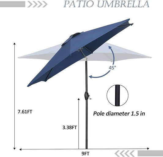 HYD-Parts 9FT Patio Umbrella Outdoor Table Umbrella,Market Umbrella with Push Button Tilt and Crank for Garden, Lawn, Deck, Backyard & Pool, with a Base (Navy Blue)