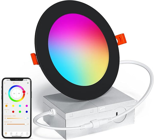 Black Smart Recessed Lighting 4 Inch RGBCW Color Changing 12W LED Downlight with Junction Box,1080 Lumen Recessed Ceiling Light Compatible with Alexa,Dimmable by Bluetooth Control -1Pack
