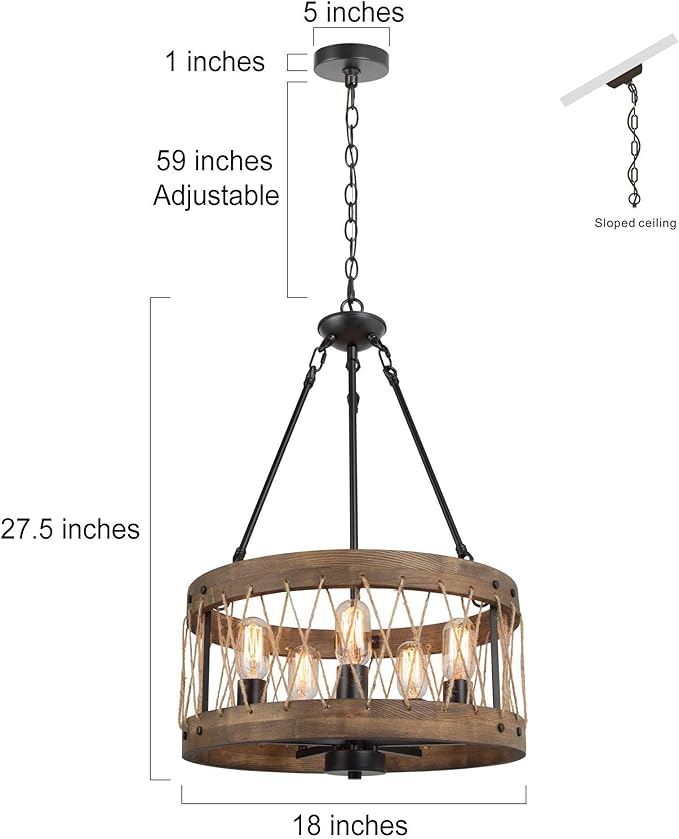 LALUZ Farmhouse Chandelier, 5-Light Rustic Drum Wood Dining Room Chandelier Light Fixture, Round Wooden Pendant Chandeliers Lights Fixtures for Dining Room, Living Room, Bedroom, Entryway