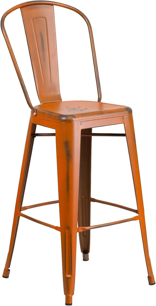 Flash Furniture Commercial Grade 30" High Distressed Orange Metal Indoor-Outdoor Barstool with Back