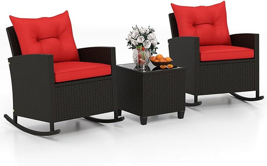 Tangkula 3 Piece Wicker Rocking Set, Patio Rattan Roker Chairs with Tempered Glass Table & Soft Cushions, Outdoor Furniture Set for Backyard, Poolside Porch (Red)