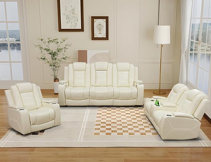 Power Recliner Sofa Set, Living Room Furniture Sets, Cream White Leather Reclining Sofa Set, Recliner Couch Loveseat and Chair with Storage/Cup Holders/Charging Port for Home Theater/Office
