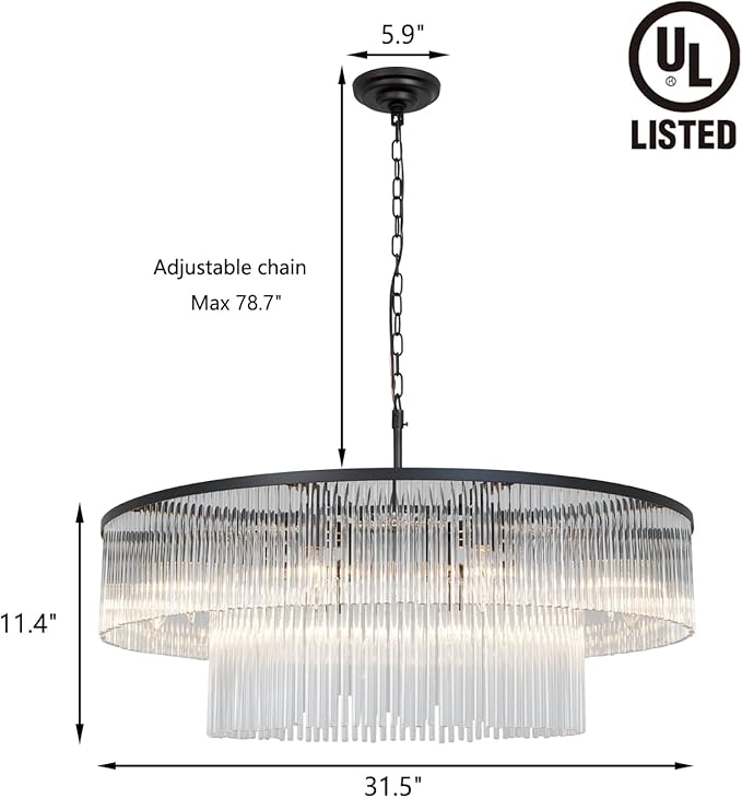 Contemporary Black Chandeliers, 2-Tier Dining Room Glass Chandelier Lighting 10 Lights Round Chandelier for Living Room Foyer Entryway Ceiling Hanging Pendant Light Fixture 32"