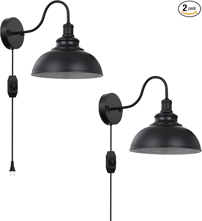 Black Gooseneck Industrial Wall Sconces E26 Base with Plug in Wall Lamp Dimmer Switch Vintage Style Wall Light Fixture for Farmhouse Bedroom Bedside Nightstand Headboard Porch Garage of 2 Set Packs