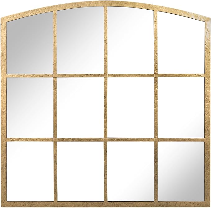 Hand-Forged Gold Window Pane Mirror, 36 Inch Wide Window Mirror, Metal Frame Arched Decorative Mirrors, Antique Grid Wall Mirrors for Living Room, Bedroom, Entryway