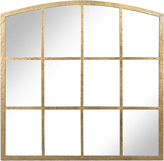 Hand-Forged Gold Window Pane Mirror, 36 Inch Wide Window Mirror, Metal Frame Arched Decorative Mirrors, Antique Grid Wall Mirrors for Living Room, Bedroom, Entryway