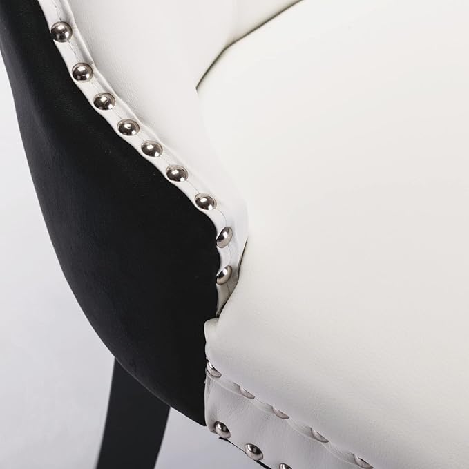 PU and Velvet Upholstered Dining Chair with Wood Legs Nailhead Trim 2-Pcs Set,Modern Side Chair W/Button Back Ring for Kitchen,White+Black