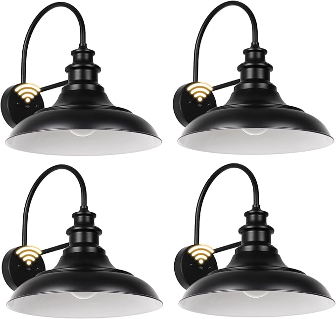 Dusk to Dawn Sensor Outdoor Barn Light Fixtures, 12.3 Inch Dome Farmhouse Outdoor Wall Sconces, Exterior Wall Mount Lights, Industrial Black White Wall Lanterns for Porch, DDRZ004-4 BK+WH