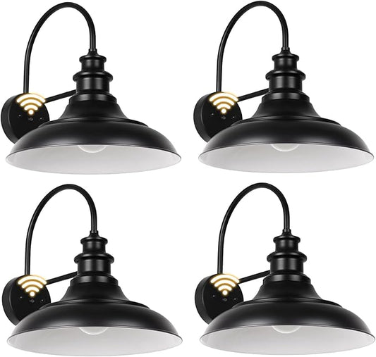 Dusk to Dawn Sensor Outdoor Barn Light Fixtures, 12.3 Inch Dome Farmhouse Outdoor Wall Sconces, Exterior Wall Mount Lights, Industrial Black White Wall Lanterns for Porch, DDRZ004-4 BK+WH