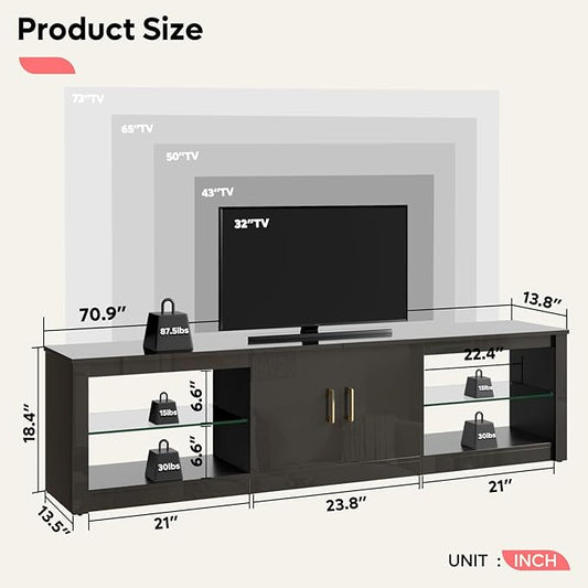 Bestier LED TV Stand for 75 Inch TV Large Entertainment Center Gaming with Storage Glass Shelves Two Cabinets Modern TV Console for Living Room