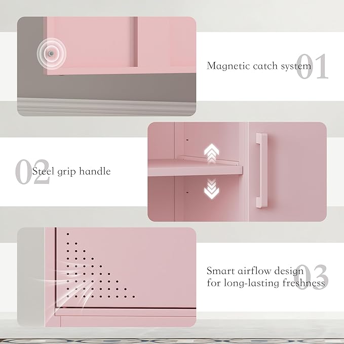 Accent Cabinet with 2 Door and Shelves TV Stand Metal Kids Locker Storage Cabinet Multipurpose Buffet Sideboard for Living Room, Kitchen, Bedroom, Dining Room, Entryway (Pink, H29.53'')
