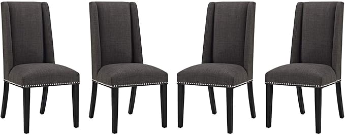 Modway Baron Modern Tall Back Wood Upholstered Fabric Parsons Four Kitchen and Dining Room Chairs with Nailhead Trim in Brown