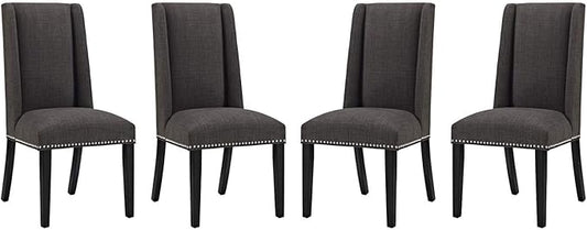 Modway Baron Modern Tall Back Wood Upholstered Fabric Parsons Four Kitchen and Dining Room Chairs with Nailhead Trim in Brown