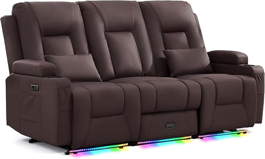 URRED Power Loveseat Recliner Sofa with Console, Wall Hugger Reclining Loveseat RV Couch with LED Light, 150° Zero Gravity Recliners Modular Couches for Living Room (Dark Brown, 77.3'' - 3 Seats)
