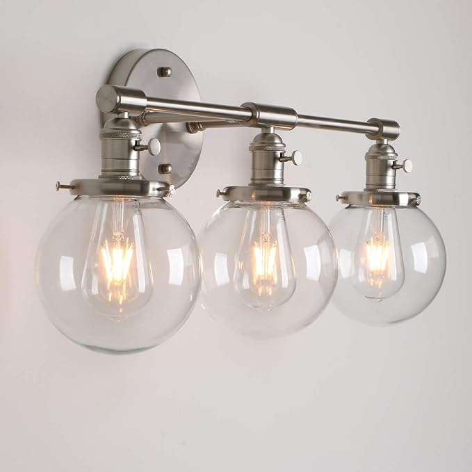 PERMO Vintage Industrial Antique Three-Light Wall Sconces with Mini 5.9" Round Clear Glass Globe Shade (Brushed)