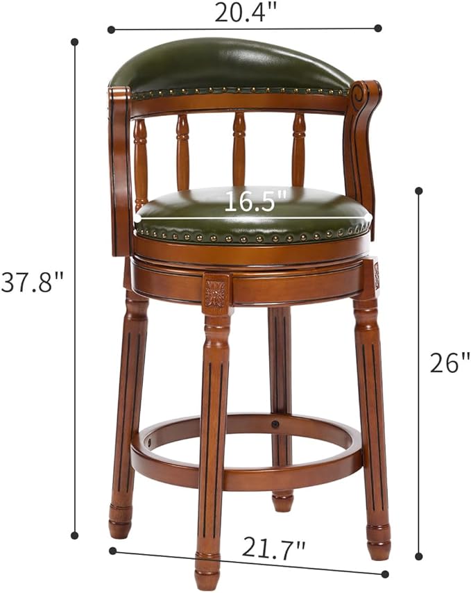 Cow top Leather Wooden Bar Stools, 29.5" Height Bar Chair with Back, 180 Degrees Swivel Bar Stools Chair for Home Kitchen Counter,Restaurant,1pc (Green-1pc, Counter Seat Height 26in)