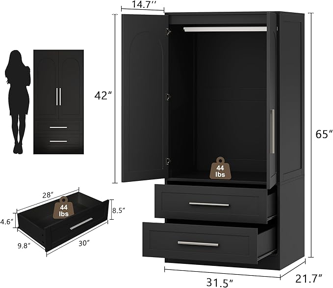 Wooden Armoire Wardrobe Closet with 2 Doors and 2 Drawers,Freestanding Armoire Storage Cabinet with Shelves,Tall Clothing Storage Cabinet Suitable for Bedroom,Black