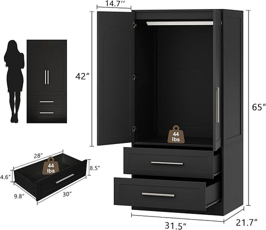 Wooden Armoire Wardrobe Closet with 2 Doors and 2 Drawers,Freestanding Armoire Storage Cabinet with Shelves,Tall Clothing Storage Cabinet Suitable for Bedroom,Black