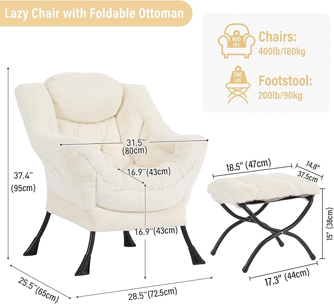 Lazy Chair with Ottoman, Modern Chair with Folding Footrest, Plush Beige Accent Chair, Comfortable Reading Chair, Oversized Armchairs for Bedroom, Study, Living Room, Courtyard