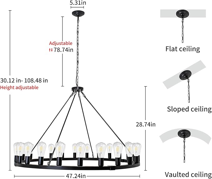 Wagon Wheel Chandelier 24-Light 48-Inch, Black Round Rustic Farmhouse Chandelier Extra Large for High Ceilings, Dining Room, Living Room