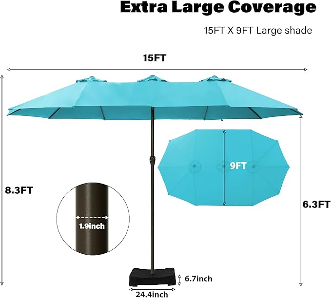 Ayge 15ft Large Outdoor Patio Umbrella with Table & Base - Double-Layer UV Resistant Fabric, Easy Crank Handle for Pool, Garden & Lawn