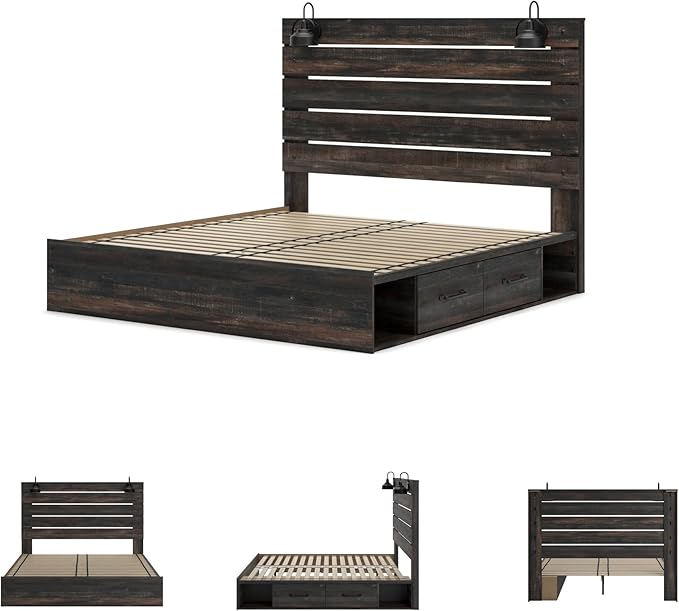 Signature Design by Ashley Drystan Rustic King Panel Platform Bed with 2 Storage Drawers, Open Cubbies, Sconce LED Lights and USB Ports, Foundation or Box Spring Not Needed, Dark Brown & Gray