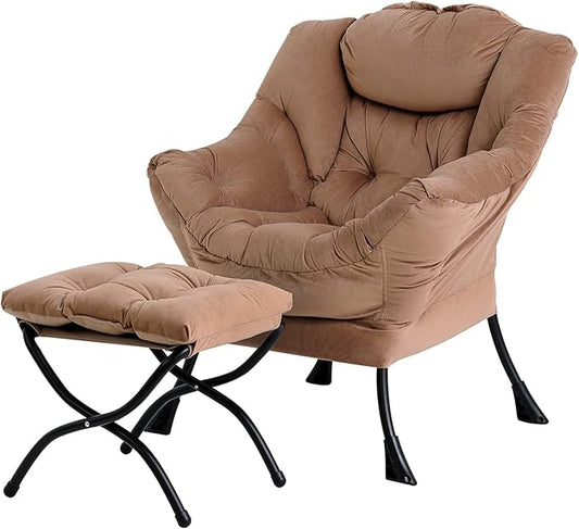 Lazy Chair with Ottoman, Large Khaki Accent Chair with Ottoman, Comfy Reading Armchair, Leisure Sofa Chair for Living Room, Bedroom, Dorm Room, Office