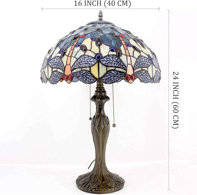 WERFACTORY Tiffany Lamp Stained Glass Bedside Table Lamp Navy Blue Yellow Turquoise Dragonfly 16X16X24 Inch Desk Light Metal Base Decor Bedroom Living Room Home Office S128 Series