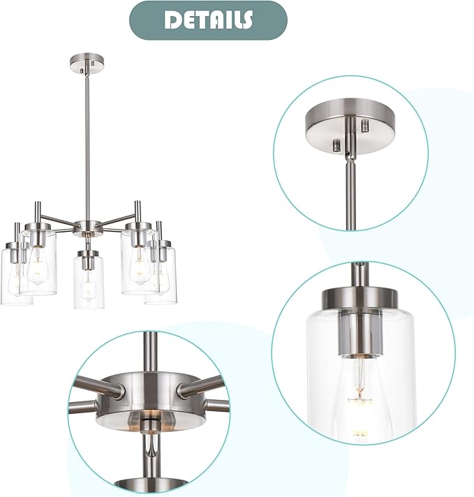 5 Lights Brushed Nickel Chandelier Modern Industrial Dining Room Light Fixtures with Clear Glass, Farmhouse Pendant Lighting Fixtures Ceiling Hanging Adjustable for Kitchen Island Living Room